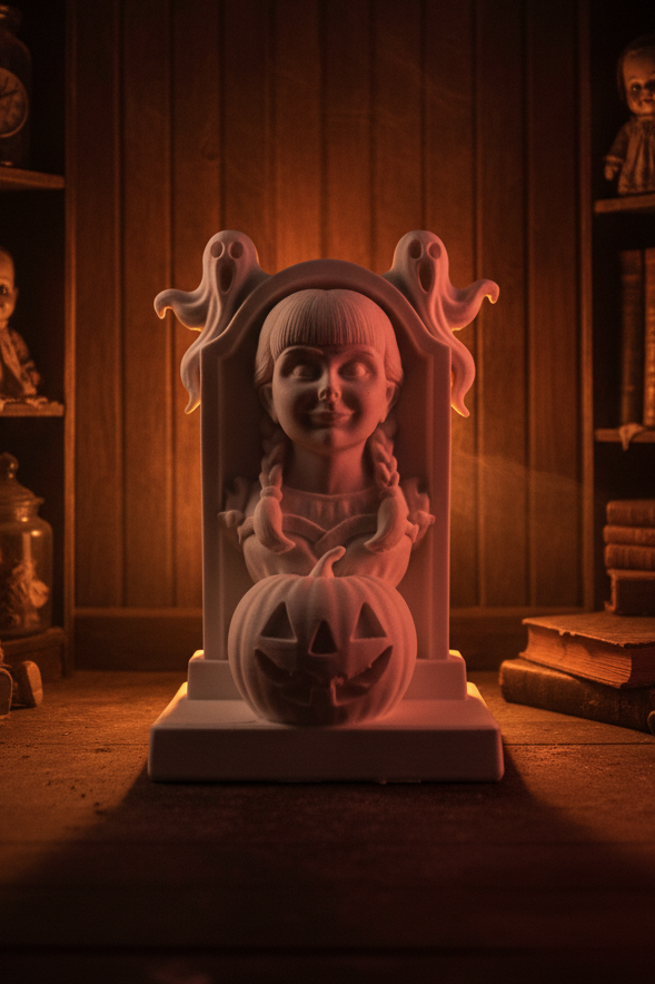 Annabelle Horror Tombstone – 10cm 3D Printed Display Piece | Ready to Paint