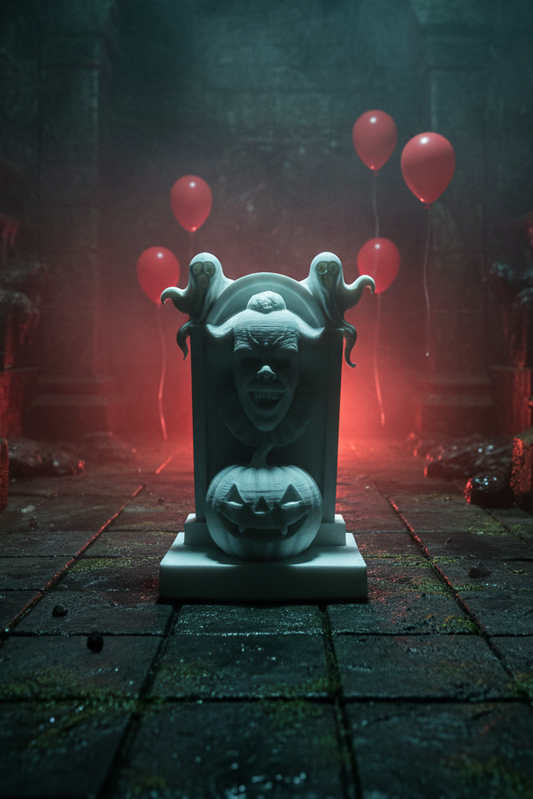 Pennywise Horror Tombstone – 10cm 3D Printed Display Piece | Ready to Paint